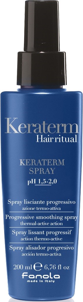En blå flaske med svart spraylokk, merket Keraterm Hair Ritual, for jevning av hår. Den er laget i Italia.