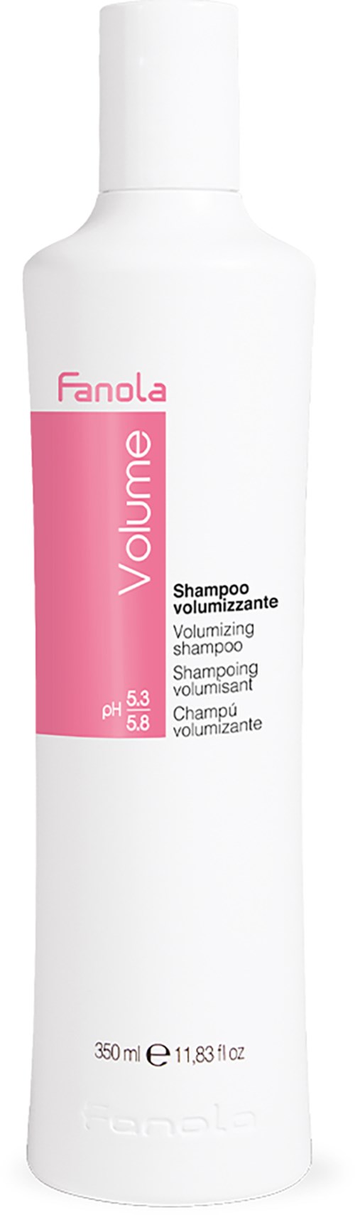 Valkoisen pullon Fanola Volume Shampoo, jossa on pinkki etiketti ja teksti kuvailemassa tuotetta.