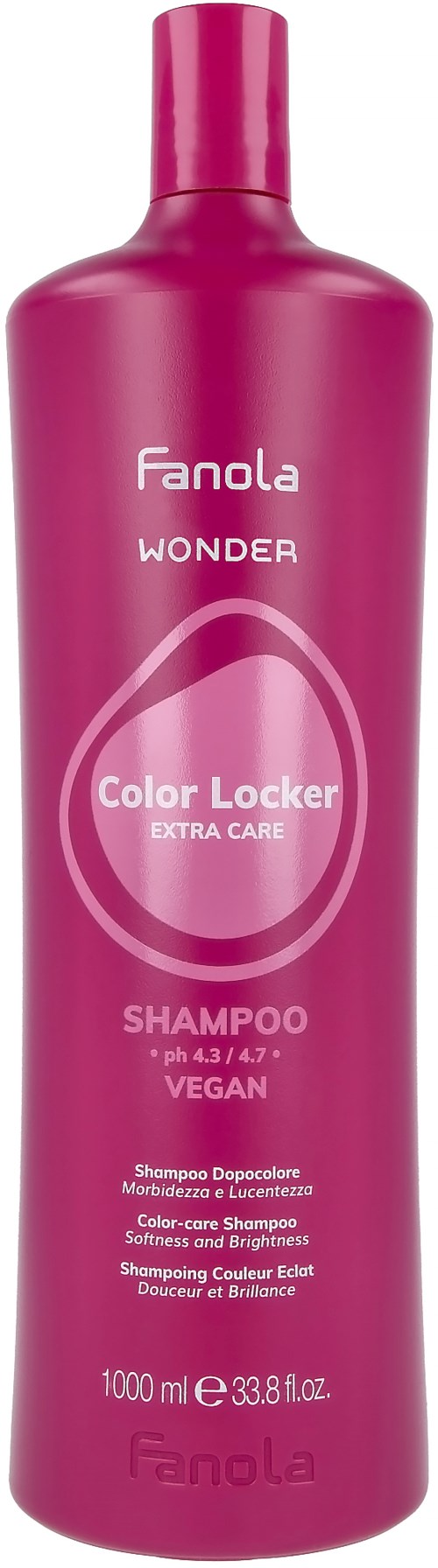 Pinkki Fanola Wonder Color Locker -shampoopullo. Siinä on korkki ja teksti vegaanisuudesta ja extra care -hoidosta.