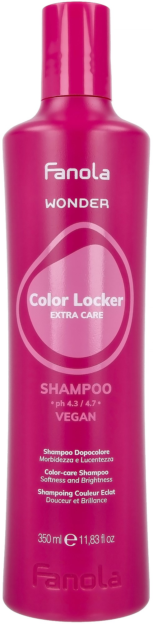 Pinkki pullo Fanola Wonder Color Locker Extra Care Shampoo vegaaniselle hiuksille, pH 4.3/4.7, 350 ml.