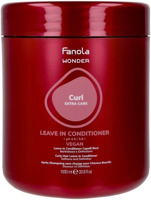 Red container of Fanola Wonder Curl Extra Care Leave-In Conditioner, designed for curly hair moisturizing and defining, 1000 ml.