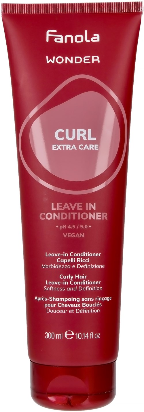 Red tube of Fanola Wonder Curl Leave-In Conditioner with white and pink text labels.