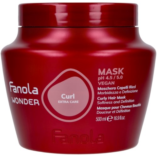 En rød krukke med Fanola Wonder Curl maske for hårpleie, vegansk, med pH 4,5-5,0, 500 ml størrelse.