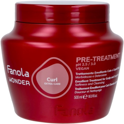 A red container for hair care, labeled with brand Fanola, designed for scalp and hair pre-treatment.