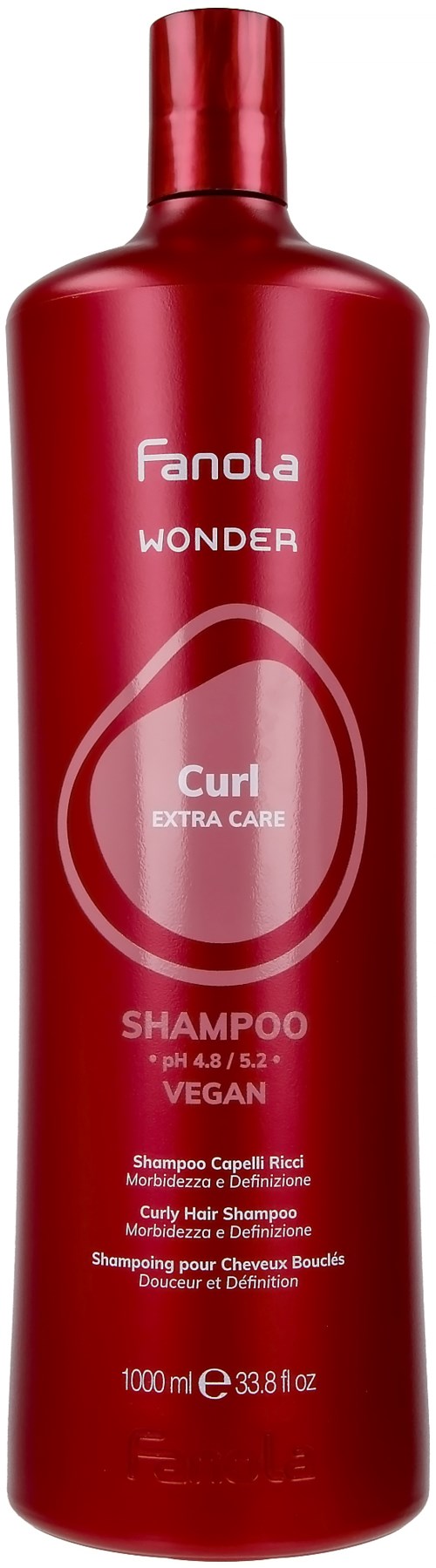 Punainen shampoolakka, jossa valkoinen ja pinkki teksti, nimeltä 'Fanola Wonder Curl Extra Care' kihartuvaa hiusta varten.
