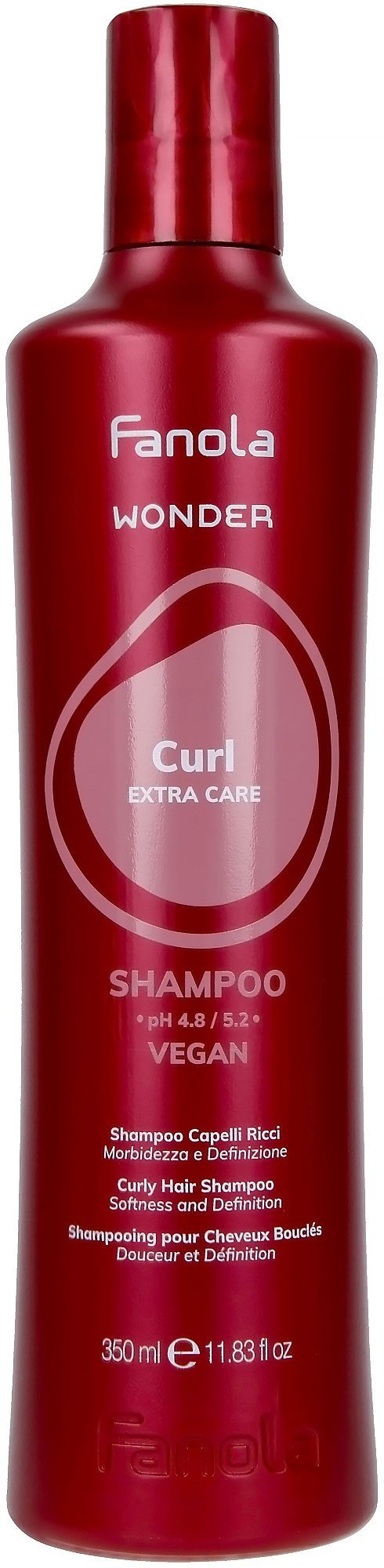 Punainen pullo Fanola Wonder Curl Extra Care Shampoolle kiharat hiuksille, vegaani, 350 ml.