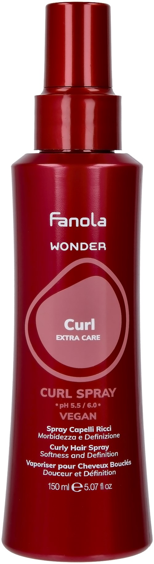 A red spray bottle labeled Fanola Wonder Curl Extra Care, 150 ml, vegan, for curly hair.