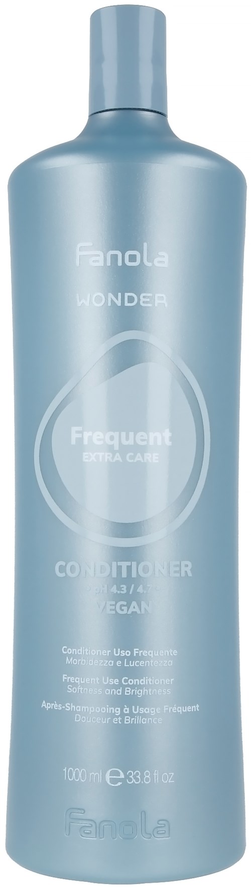 Pitkä, vaaleansininen Fanola Wonder Frequent Conditioner -pullo, jossa on valkoinen teksti ja korkki.