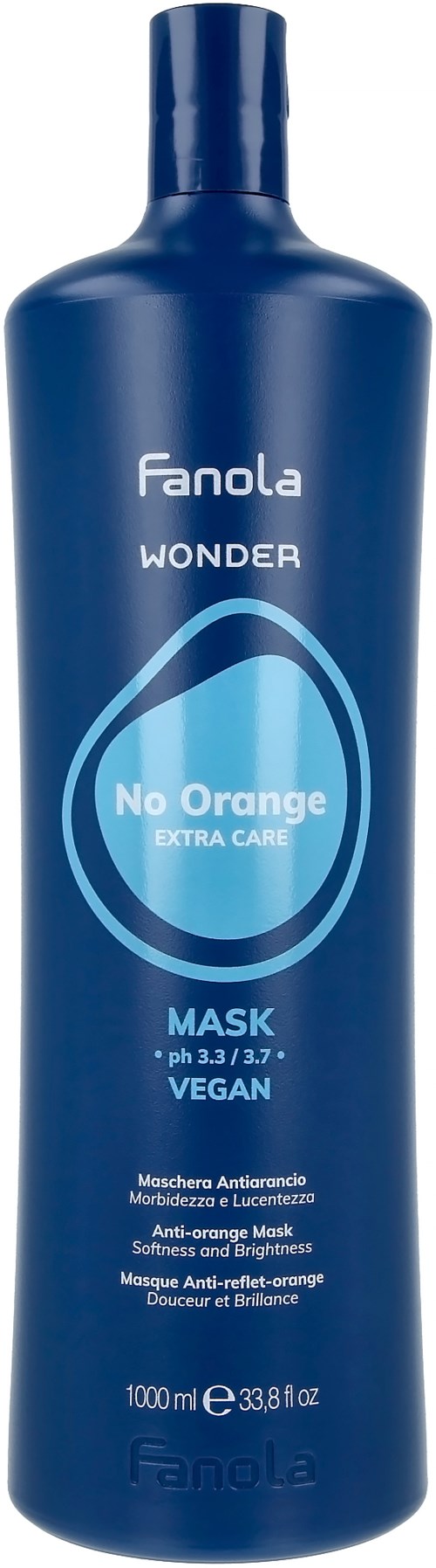 Sininen Fanola Wonder No Orange Extra Care -maski, pH 3,3/3,7, vegaani, 1000ml. Keskittyy hiustenhoitoon.
