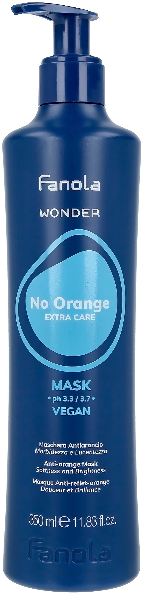 Sininen Fanola Wonder No Orange -pullo, 350 ml, vegaani, anti-aging, pehmeys ja kirkkaus.