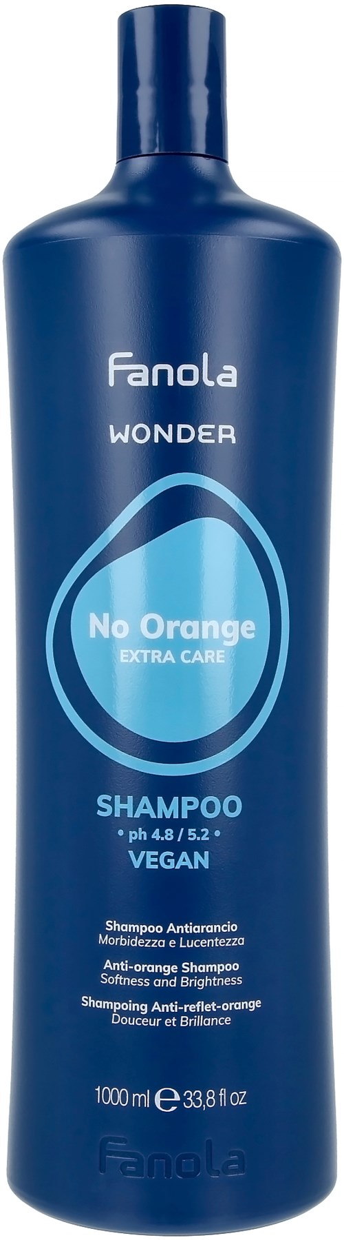 Blue shampoo bottle labeled 'Fanola Wonder No Orange Extra Care' for vegan hair treatment and color correction.