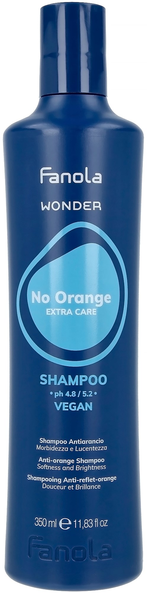 Blue shampoo bottle with the brand 'Fanola' and label 'No Orange,' 'Extra Care,' and 'Vegan.'