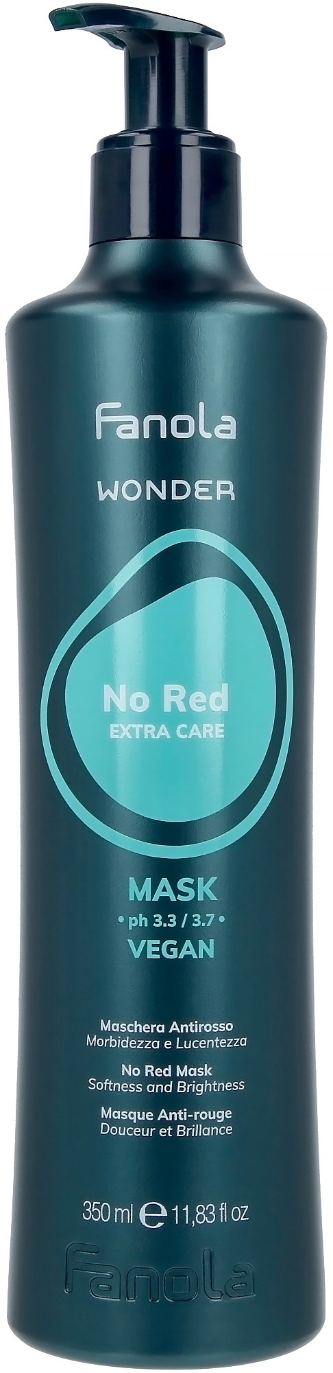 Tummansini vaahtopumpullinen pullo, merkitty Fanola Wonder No Red Extra Care Mask, vegaani, 350 ml.