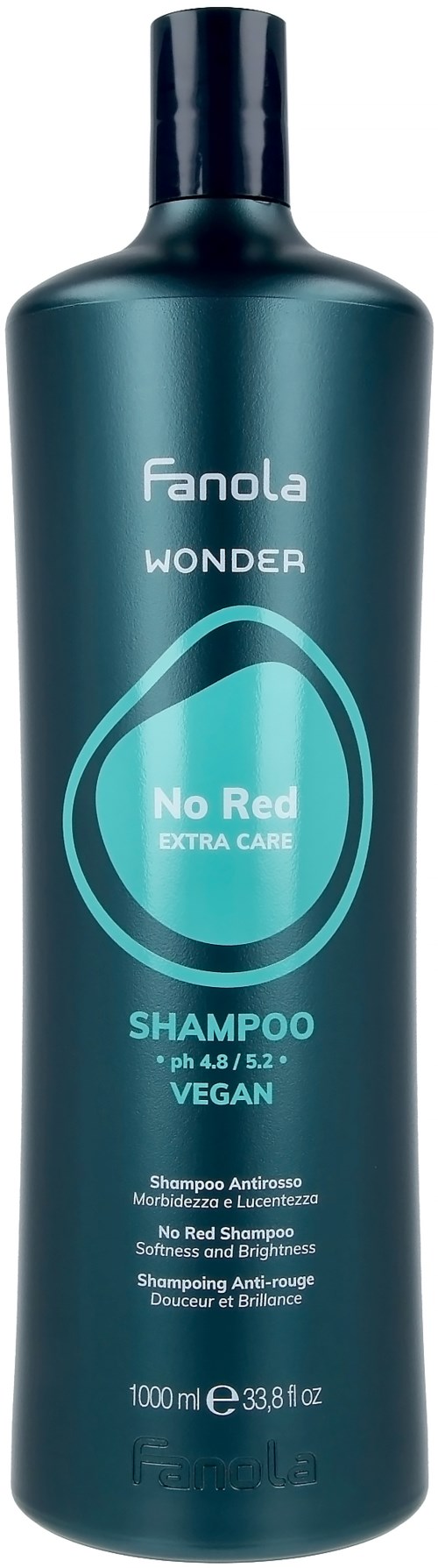 A dark teal bottle of Fanola Wonder No Red Extra Care Shampoo with black cap. It is vegan and for anti-red hair care.