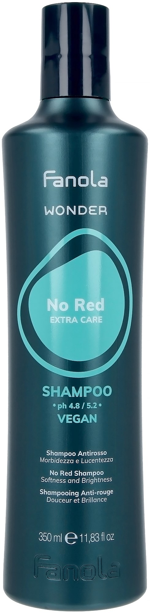 A blue shampoo bottle with a black cap, labeled 'Fanola Wonder No Red Extra Care' for no red hair.