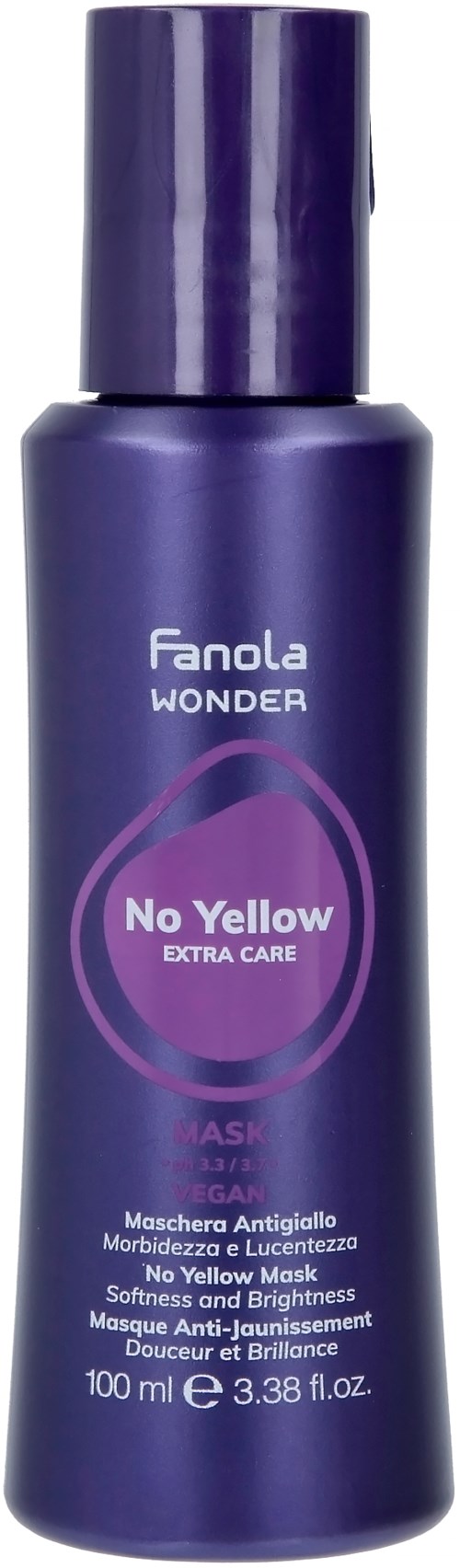 A purple bottle of Fanola Wonder No Yellow Extra Care Mask for anti-yellowing hair treatment.