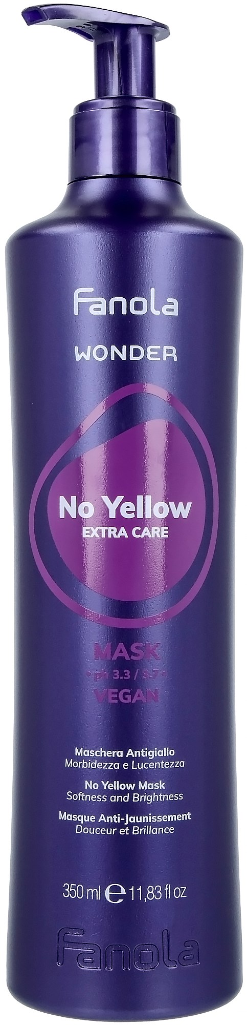 En lång lila flaska med pump, märkt "Fanola Wonder No Yellow Extra Care" hårmask.