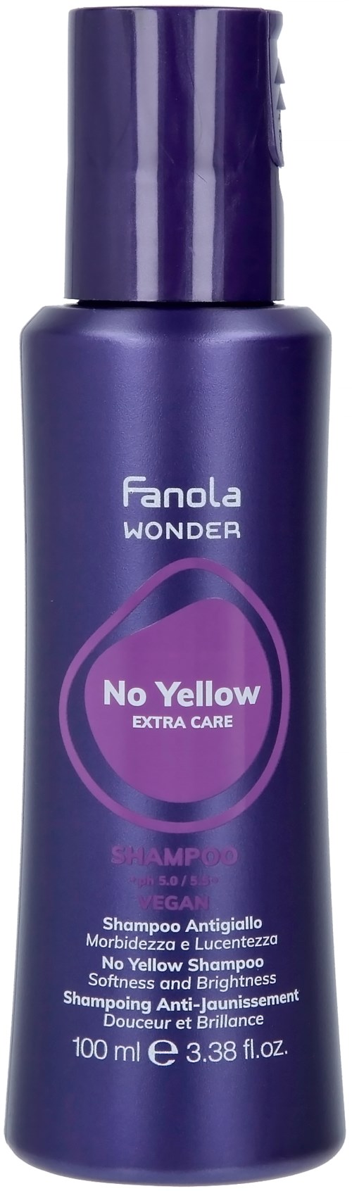Violetti Fanola Wonder No Yellow -shampoo, jossa violetti kansi. Se viilentää ja kirkastaa vaaleaa hiusta.