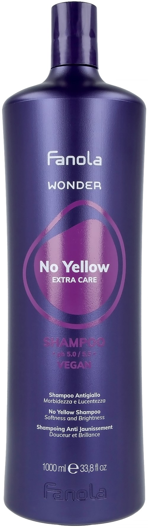 Violetti Fanola Wonder -shampoo nimeltä No Yellow Extra Care.