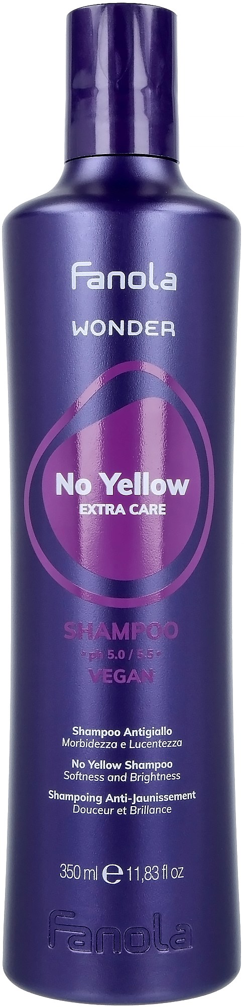 Pitkä violetin värinen Fanola Wonder No Yellow -shampoo, jossa on vaaleanpunainen ja valkoinen teksti. Se on tarkoitettu vaalealle tai harmaalle hiukselle.