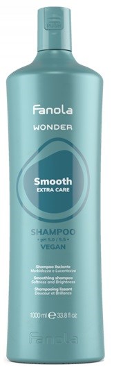 Vaaleansininen shampoopullo, joka on nimeltään Fanola Wonder Smooth Extra Care, vegaaninen, ja sisältää 1000 ml.