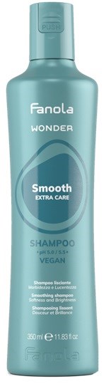 Fanola Wonder Smooth Extra Care Shampoo, 300ml, vegan, vaaleansininen, valkoinen ja tummansininen suunnittelu.