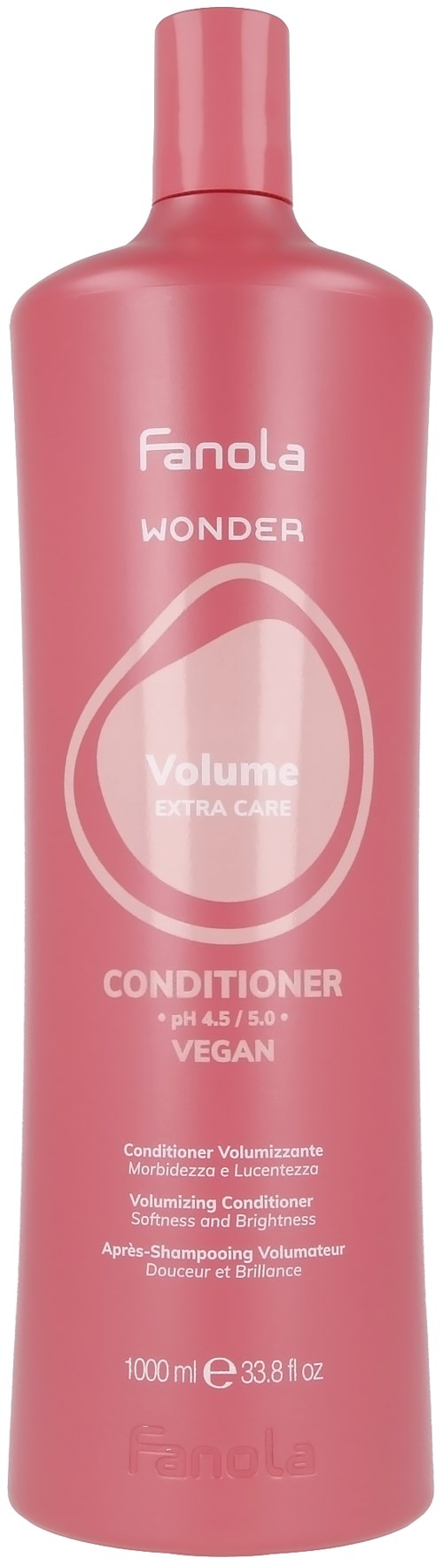 Rosa flaske av Fanola Wonder Volume balsam for vegansk hårpleie. Den er 1000 ml.
