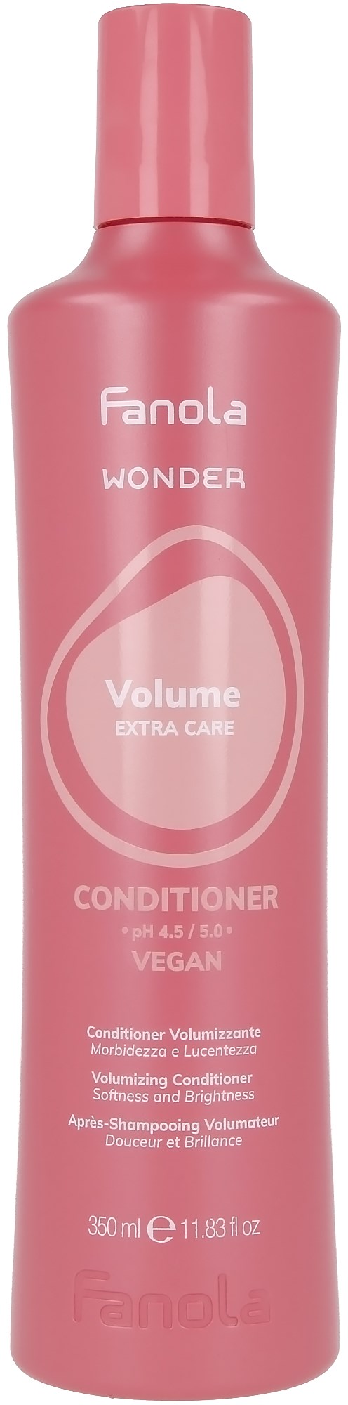 Pink flaske med Fanola Wonder Volume Balsam for ekstra pleie, vegansk, 330ml.