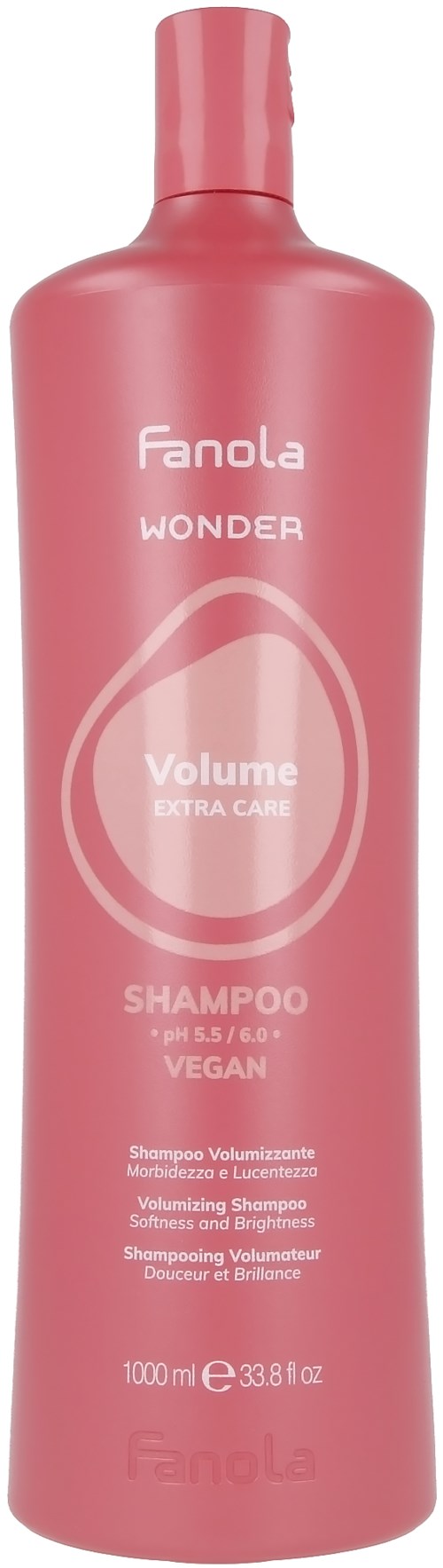 Rosa flaska med vit text, står Fanola, Wonder, Volume Extra Care Shampoo, Vegan, 1000 ml.