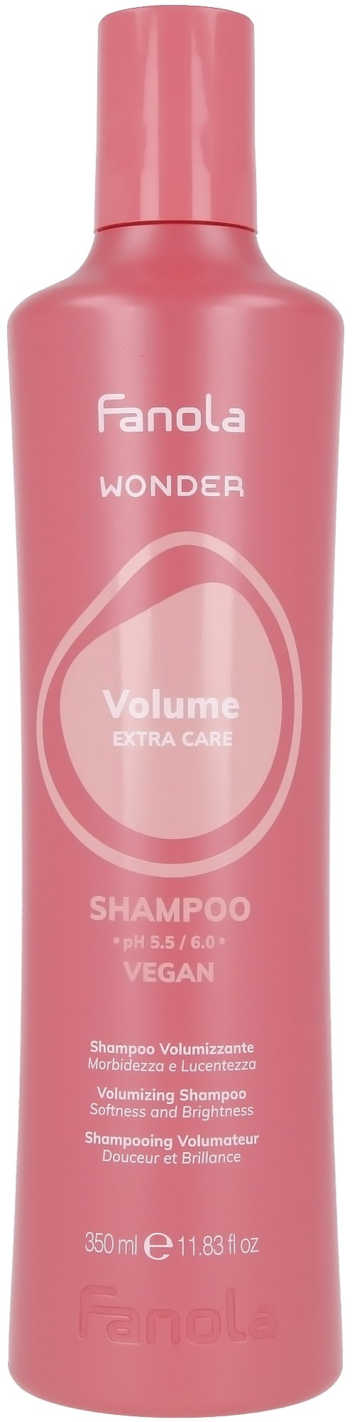 En rosa flaska av Fanola Wonder Volume Extra Care Shampoo med 350 ml kapacitet.
