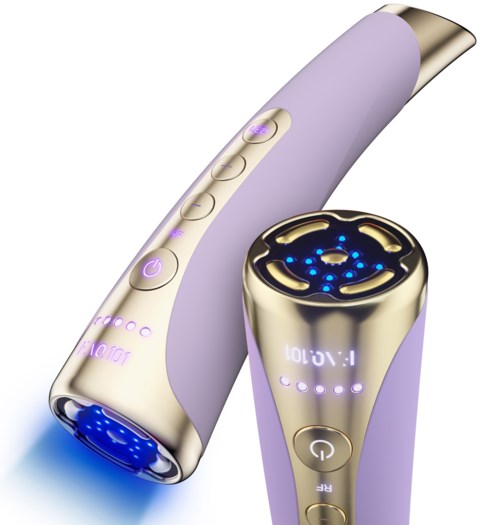 Een paarse en gouden IPL-harwardeerder met knoppen en LED-display voor behandelingscontrole.