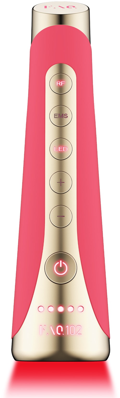 Een roze en witte medische apparaat met verschillende knoppen, waaronder stroom, RF, EMS en plus/min minus controles.
