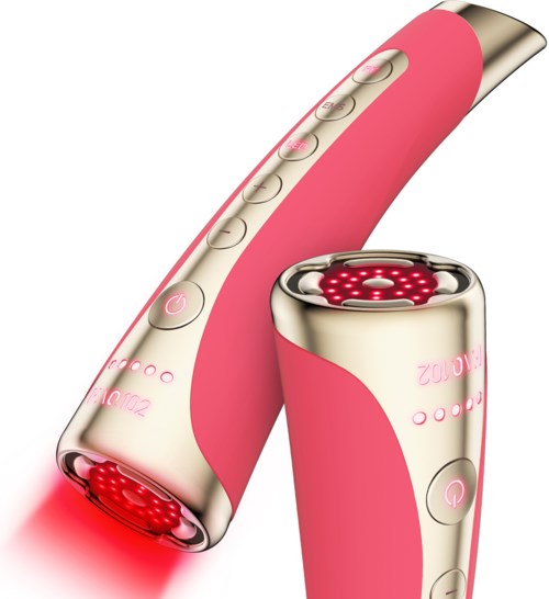 Een roze en crèmekleurig schoonheidsapparaat met knoppen, rood licht en ergonomisch ontwerp.