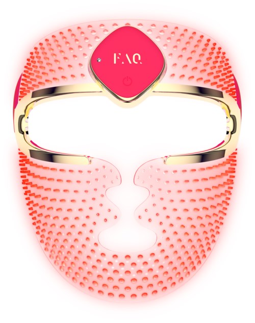 Een roze gezichtsmassager met veel kleine bobbels, oogbedekking en een logo bovenaan.