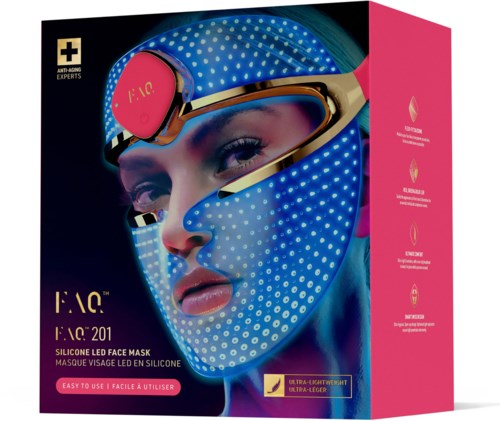 Doos met siliconen LED-gezichtsmasker, helderblauw gestippeld gezicht, roze en gouden bril en roze zijpaneel.
