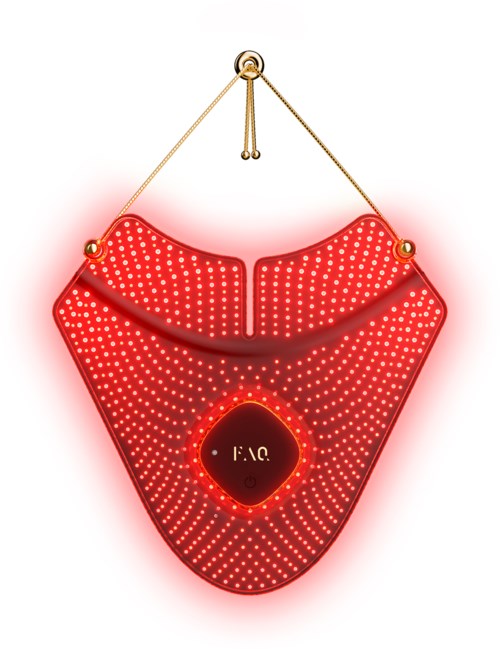 Een rood, lachend gezichtsbord met lichten, hangend met een koord, met 'F.A.Q.' erop.