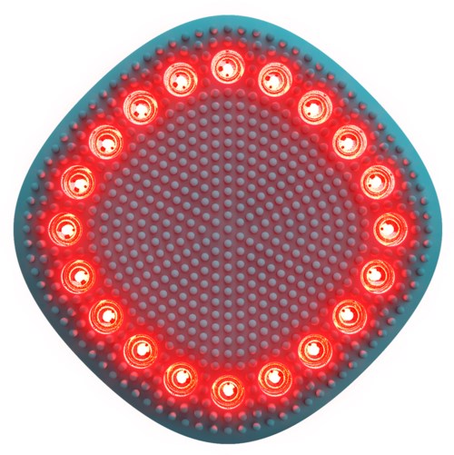 Een ronde siliconen voorwerp met meerdere rode LED-lampen rondom de rand.