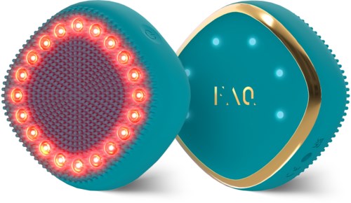 Een ronde blauwe gadget met lichten aan één zijde en goudkleurige accents, lijkt op een schoonheidsapparaat.