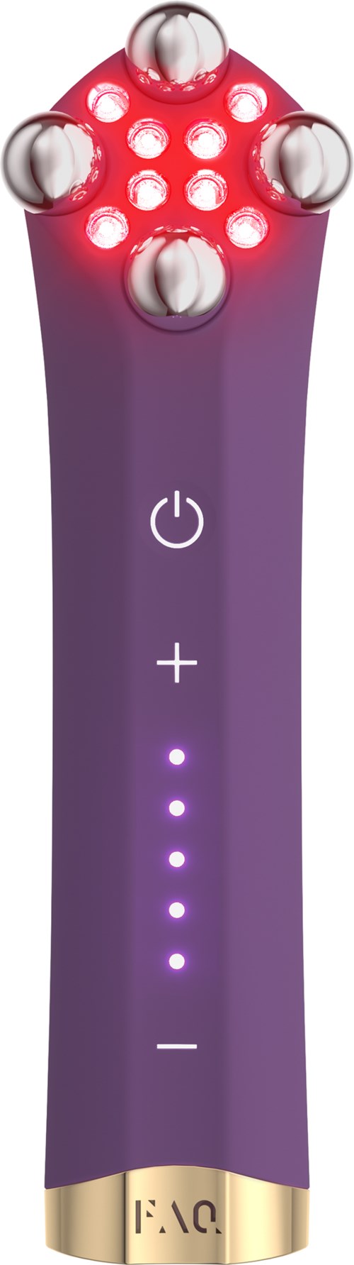 Ein lila Handgerät mit Metallwalzen, rote Lichter oben, und Tasten für Ein/Aus, Plus, Minus und eine Lichtanzeige.