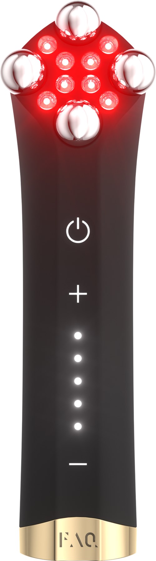 Ein schwarzes Handgerät mit roten Lichtern oben und Bedienknöpfen in der Mitte.