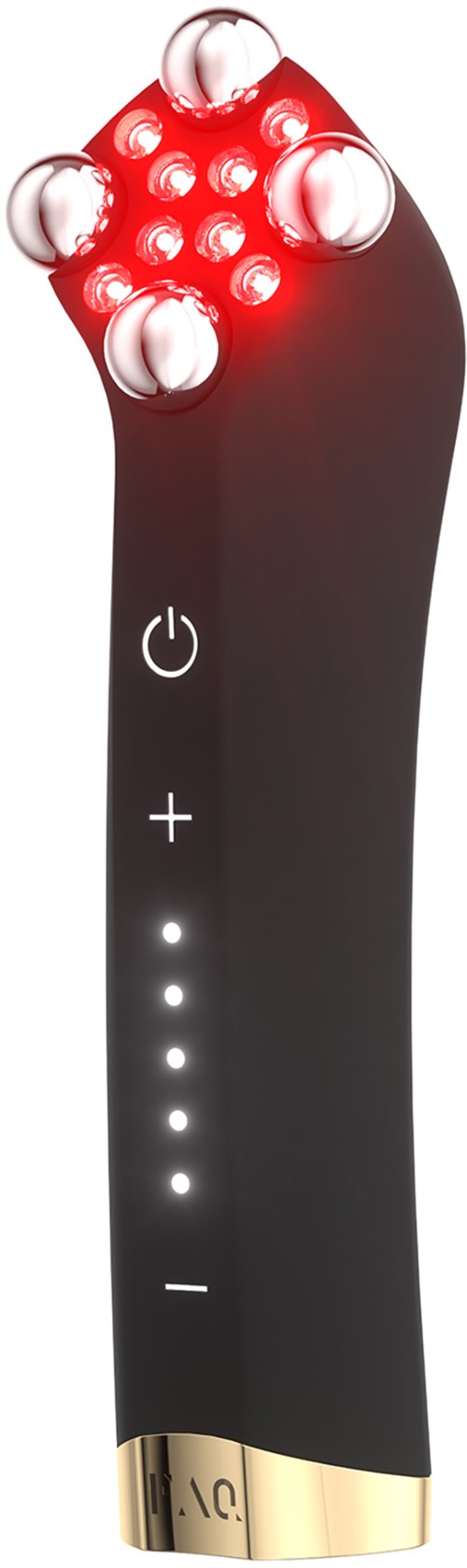 Ein schwarzes Gerät mit goldener Basis, roten Lichtern und weißen Bedienelementen, möglicherweise ein Massagegerät oder elektronisches Gerät.