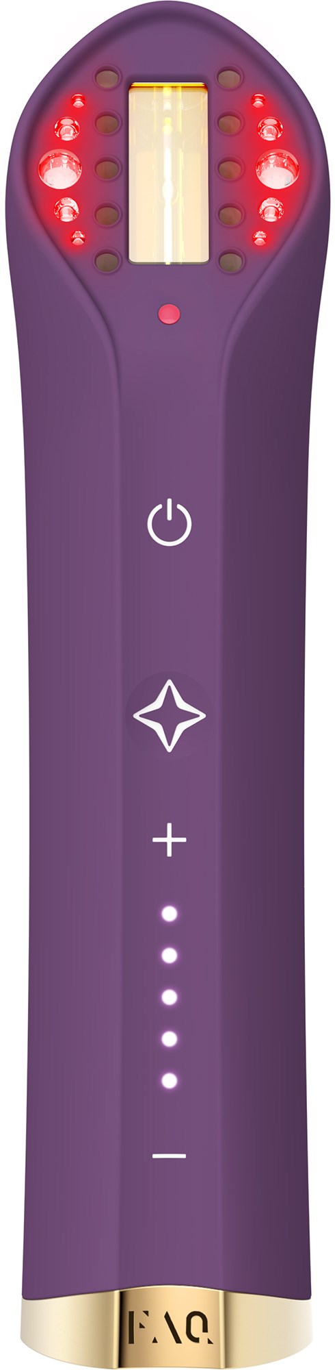 A purple device with red lights at the top, buttons for power, light, and volume, and a gold section at the bottom.