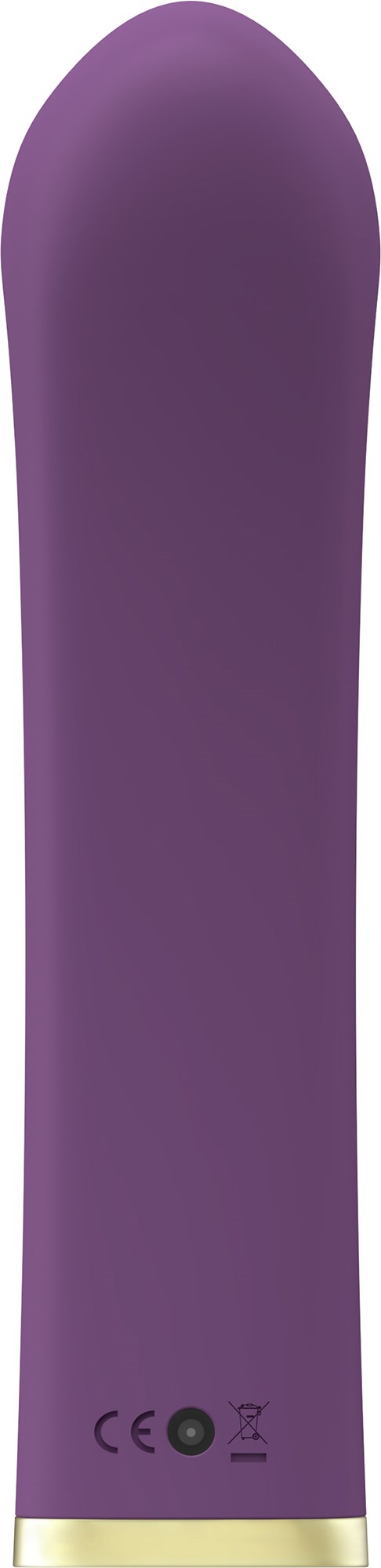 A purple personal massager with a curved, smooth, elongated shape and control buttons at the base.