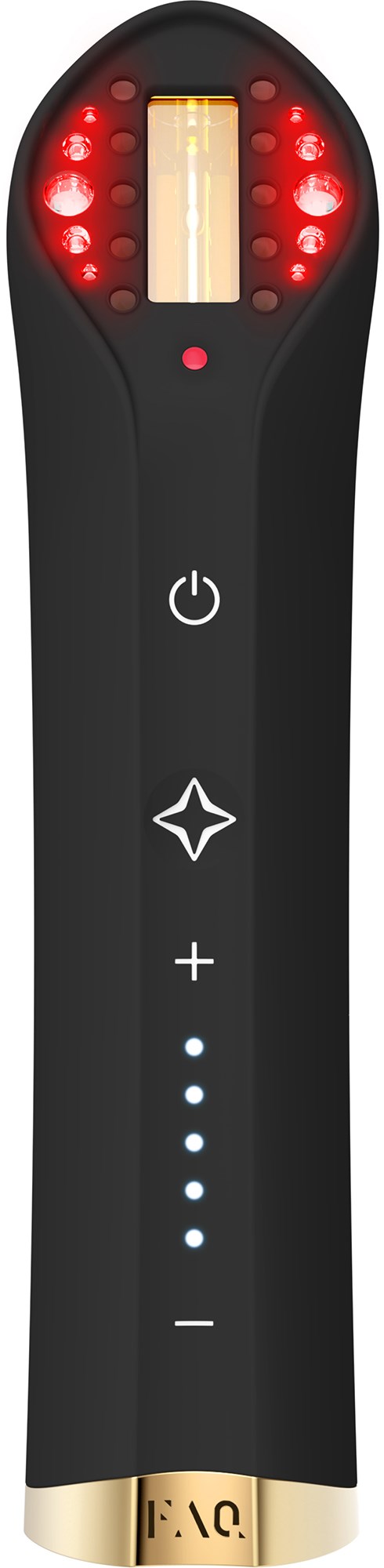 A device with red lights, a power button, plus and minus controls, and blue indicator lights.