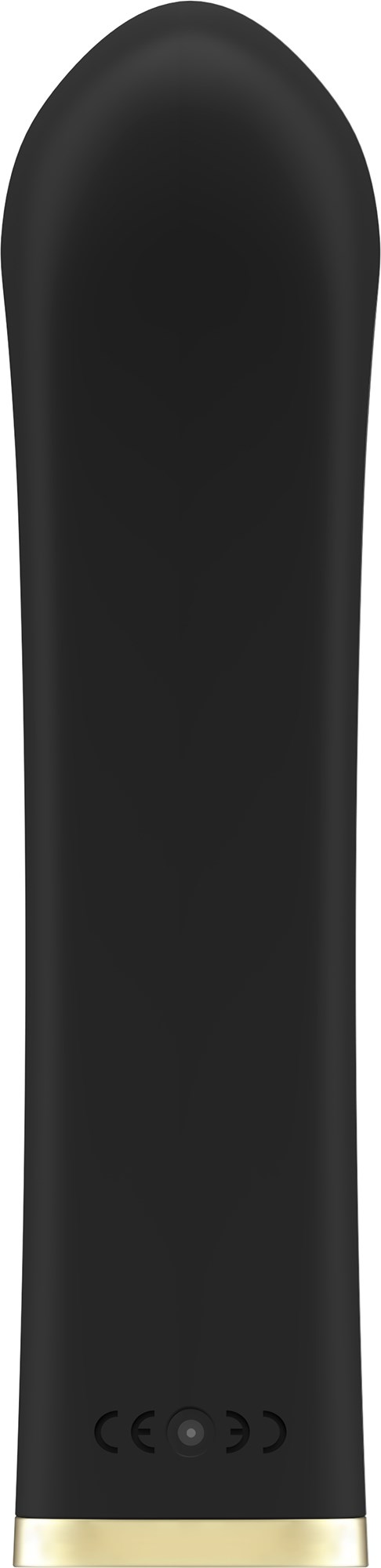 A tall, black, curved device with a gold ring at the bottom. It has a smooth surface and no visible buttons.