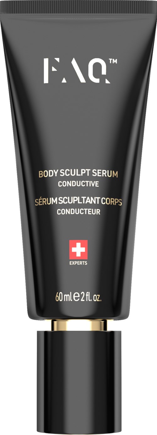 Eine schwarze Tube Body Sculpt Serum mit goldenen Akzenten und einem roten Kreuz.