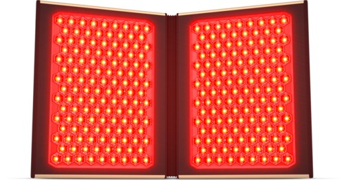 A red LED alarm or warning light with two panels, bright and intense in color.
