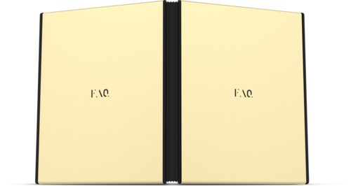 A wallet opened to show empty yellow card slots inside. It has black edges and a zipper in the middle.