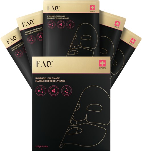 Fünf Packungen Hydrogel-Gesichtsmasken werden gezeigt, mit schwarzer und beigefarbener Verpackung, die eine Maskenskizze und Symbole zeigt.