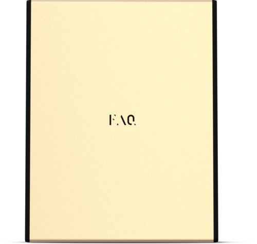 Cream-colored box with black edges and a logo that appears upside down.